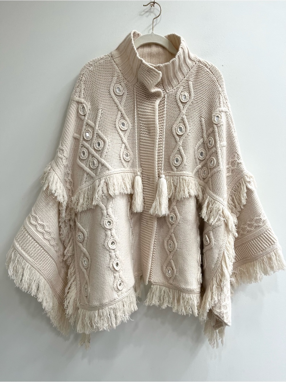 Magaschoni cream cashmere wool cape shawl cardigan embellished fringe detail OS